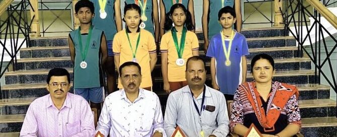 Heads of various departments of the JSS High School, Suttur, and Physical Education instructor, seen with the winners of the taluk-level athletics championships of the school.
