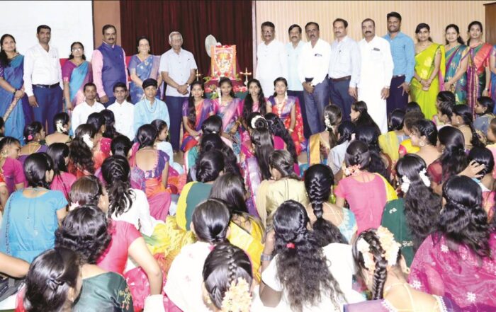Head Master, teachers, and students of the JSS High School, Suttur, seen during the Saraswathi Pooja and send off program for 10th Standard students