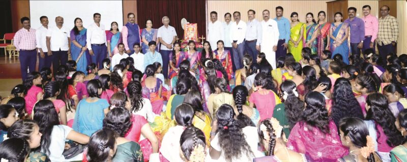 Head Master, teachers, and students of the JSS High School, Suttur, seen during the Saraswathi Pooja and send off program for 10th Standard students