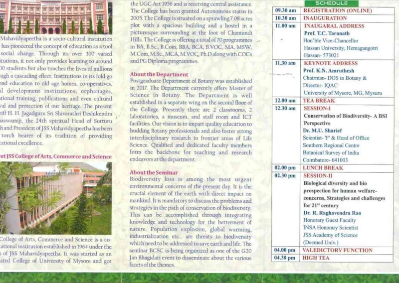 One-day State-level Seminar on 'Biodiversity Conservation: Strategies and Challenges (BCS) - A G20 Jan Bhagidari Event at JSS College of Arts, Commerce & Science, Ooty Road, Mysuru